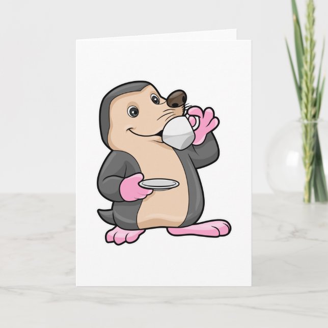 Mullvad med kopp kaffe och tallrik kort (Framsida)