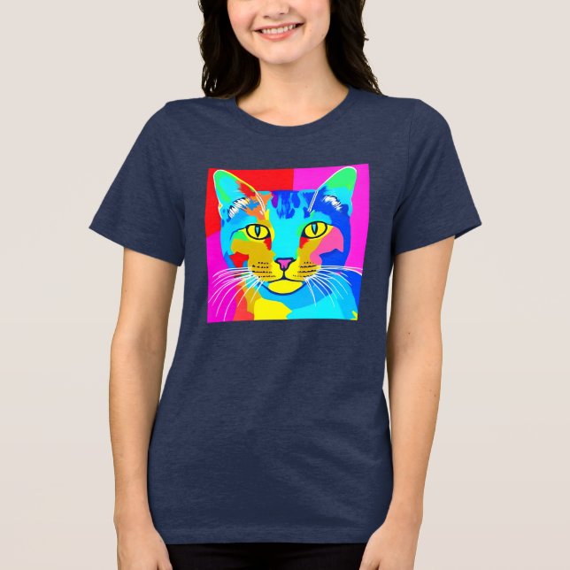 Multi Colored Pop Art Cat Portrait T Shirt (Framsida)