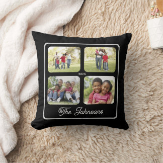 Multi Foto Familjenamn Elegant Kalligrafi Svart Kudde