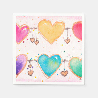 Multi Heart Watercolor Valentine Cocktail Servett