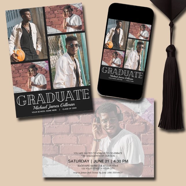 Multi Photo Black-Studentfest Inbjudningar (Multi Photo Black Graduation Party Invitations - PRINTED and/or INSTANT DOWNLOAD)