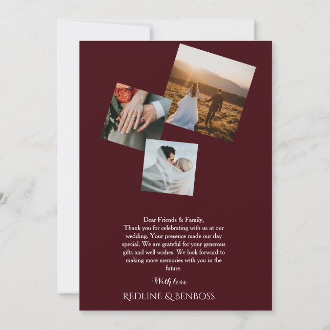 Multi photo Burgundy Wedding   Flat Thank You Card Tack Kort (Baksida)