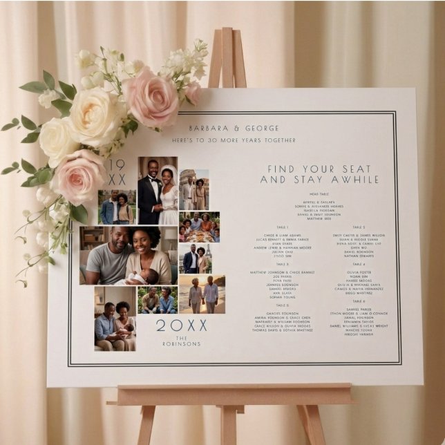 Multi Photo Collage Anniversary Seat Chart TMF26 Poster (Elegant Anniversary Seating Chart with a Multi Photo Collage Design and Stylish White Background.)