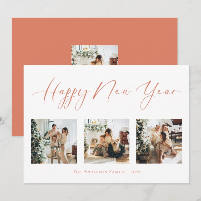 Multi Photo Collage för Gott nytt år Orange Julkort (Fram/baksida)