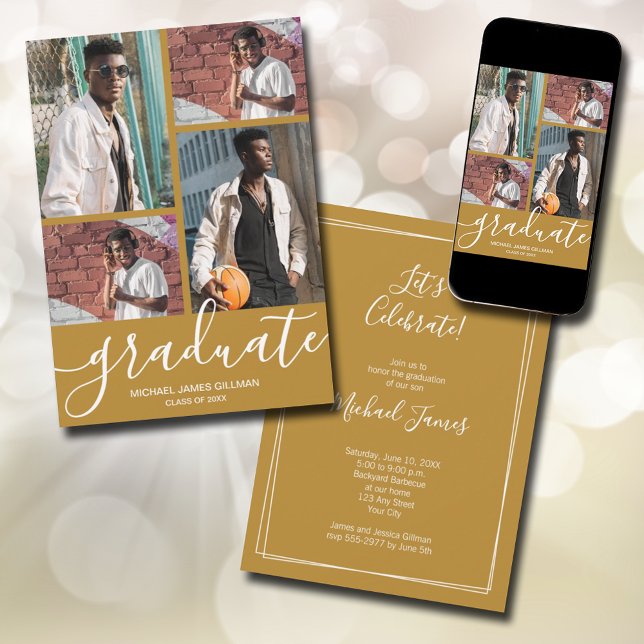Multi Photo Guld Studenten Meddelande (Modern script 4 photo gold graduation announcements - PRINTED and/or INSTANT DOWNLOAD)