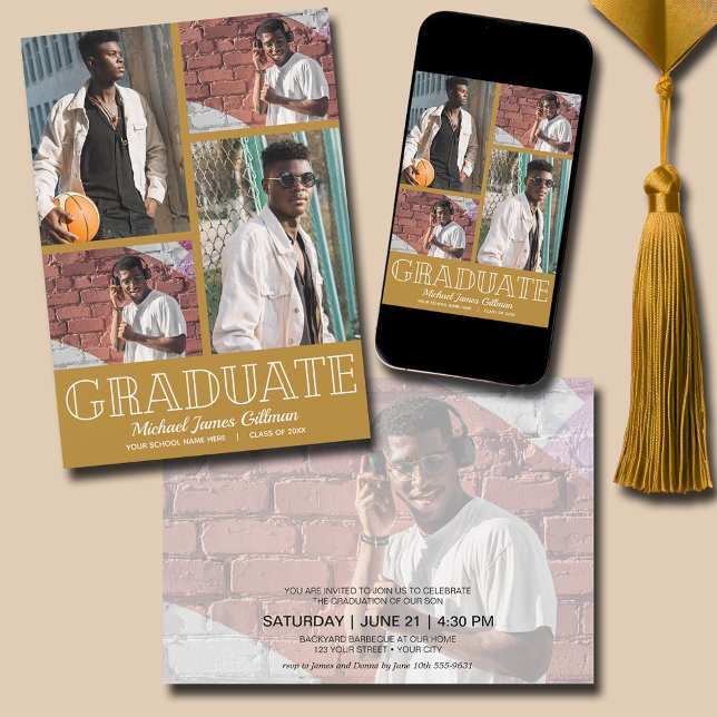 Multi Photo Guld Studentfest Inbjudningar (Multi Photo Gold Graduation Party Invitations - PRINTED and/or INSTANT DOWNLOAD)