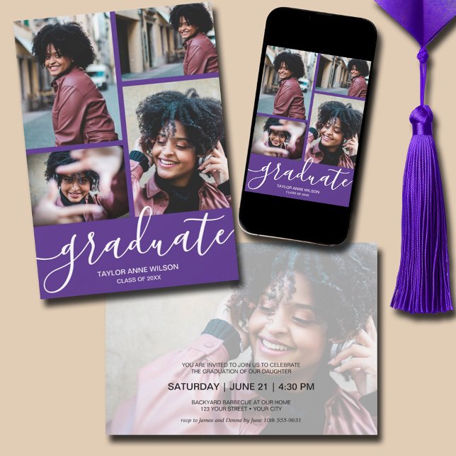 Multi Photo Lila Studentfest Inbjudningar (Multi Photo Purple Graduation Party Invitations - PRINTED and/or INSTANT DOWNLOAD)