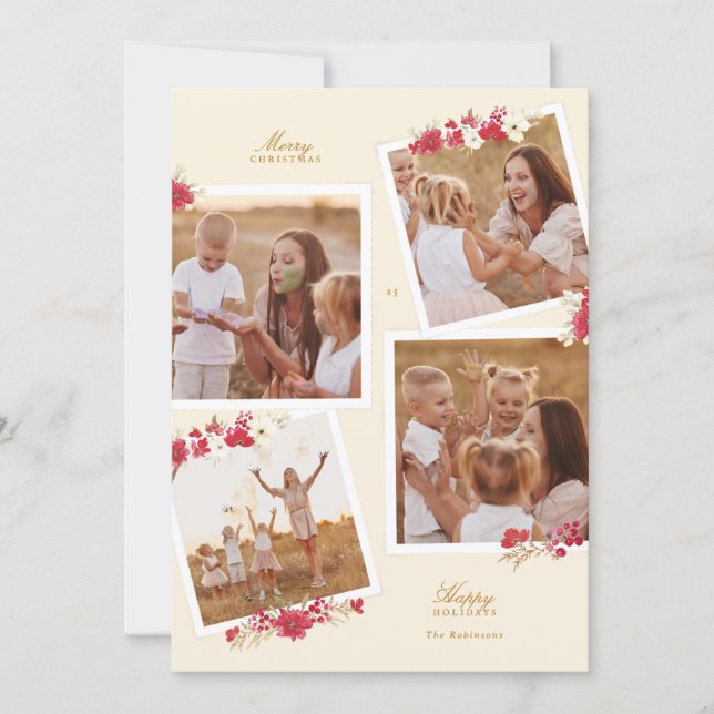 multi photo merry christmas floral botanical julkort (Framsida)