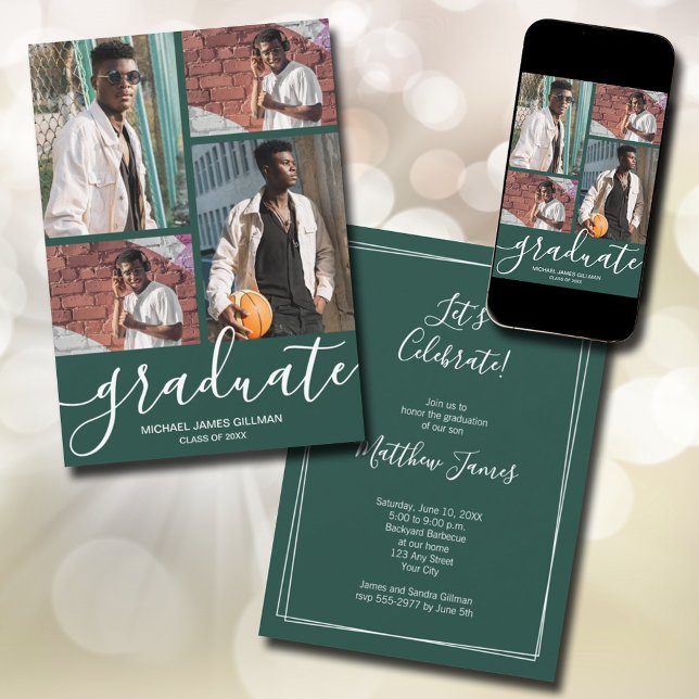 Multi Photo Mörk grönt Studenten Meddelande (Modern script 4 photo dark green graduation announcements - PRINTED and/or INSTANT DOWNLOAD)