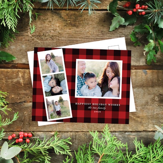 Multi-Photo Red Black Buffalo-instickskort Helg Vykort (Skapare uppladdad)