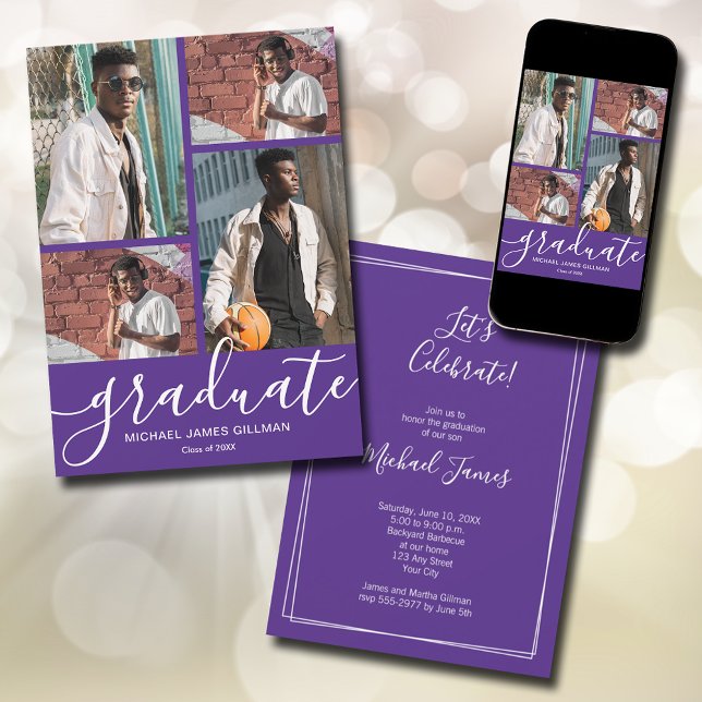Multi Photo Studenten Meddelande (Modern script 4 photo purple graduation announcements - PRINTED and/or INSTANT DOWNLOAD)