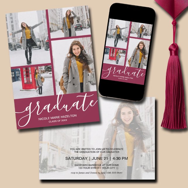 Multi Photo Studentfest Inbjudningar (Multi Photo Maroon Graduation Party Invitations - PRINTED and/or INSTANT DOWNLOAD)