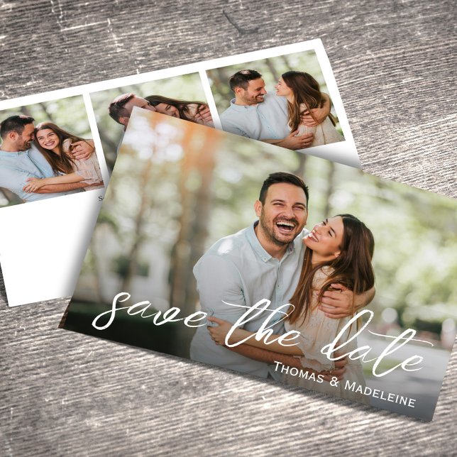 Multi Photo Template Bröllop spara datum Inbjudningar (Wedding save-the-date photo card with a scannable QR code. )