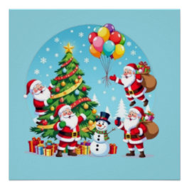 **“Multi-Santa Christmas Fun – 3D Cartoon Transpar Perfect Poster