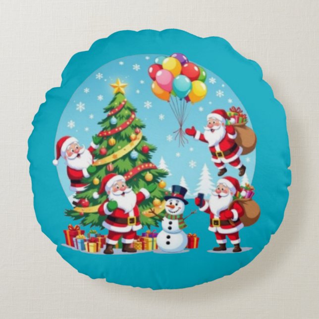**“Multi-Santa Christmas Fun – 3D Cartoon Transpar Rund Kudde (Framsidan)