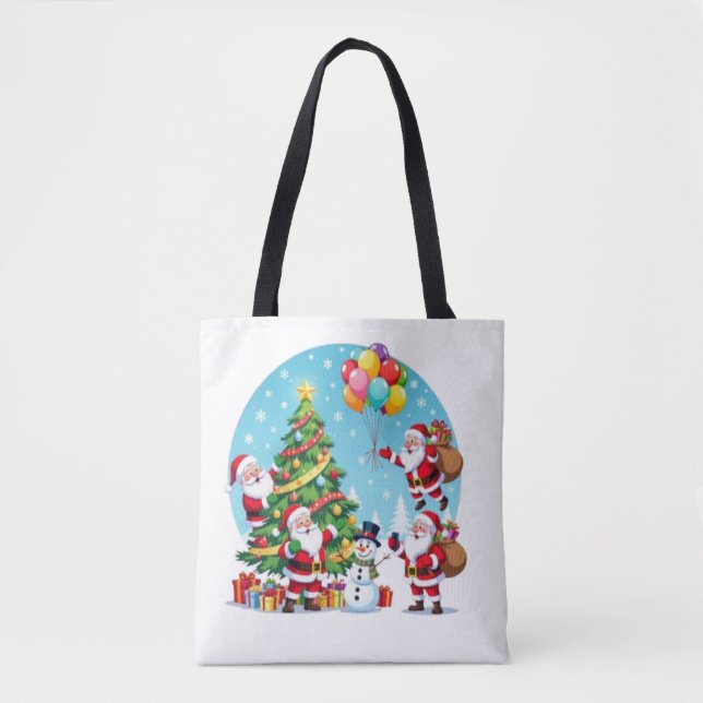 **“Multi-Tomte Julglädje – 3D Tecknad Transparent Tygkasse (Framsida)
