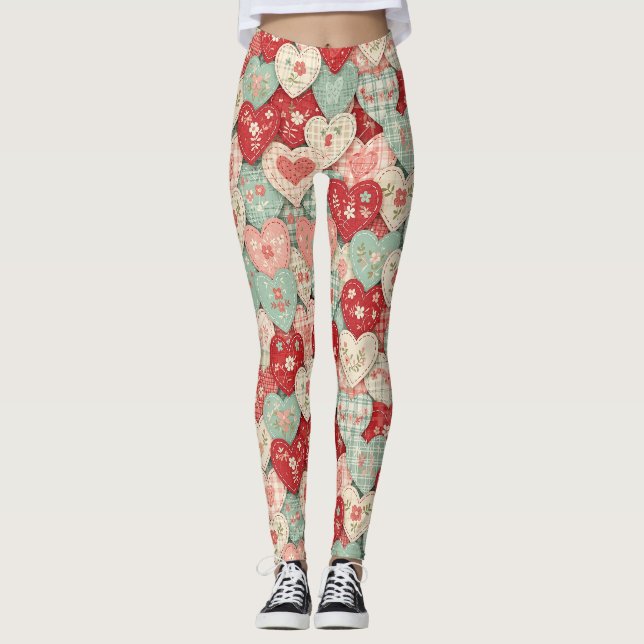 Multicolor Rustik Hjärtkuddeblock Leggings (Framsida)