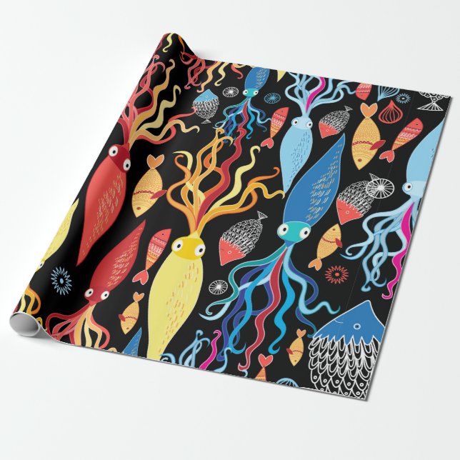 Multicolored pattern of different squid and fish o presentpapper (Utrullad)
