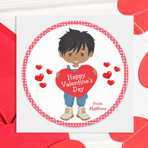 Multicultural Boy Happy Valentines Day Runt Klistermärke