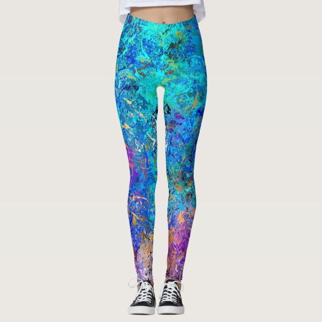 Multifärgad Abstrakt Holi Platter Painting Leggings (Framsida)
