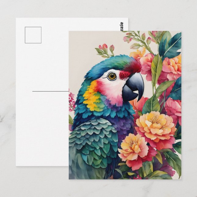 Multifärgad av Blommigten Parrot Watercolor  Art Vykort (Fram/baksida)