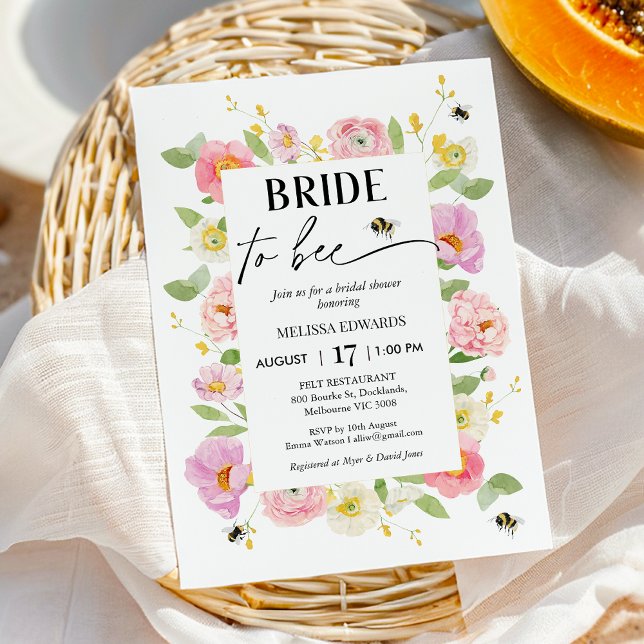 Multifärgad Blommigt för Möhippa av bin Inbjudningar (Floral Bride To Be Bridal Shower Invitation Template, Bright Floral Bee Themed Bridal Shower Invite)