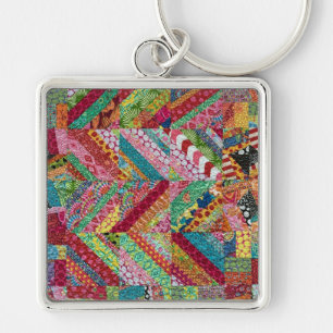 Multifärgad Boho Zigzag Patchwork Quilt Fyrkantig Silverfärgad Nyckelring