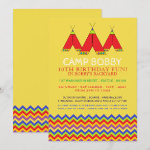 Multifärgad Chevron Tipi, Camping Birthday Inbjudningar