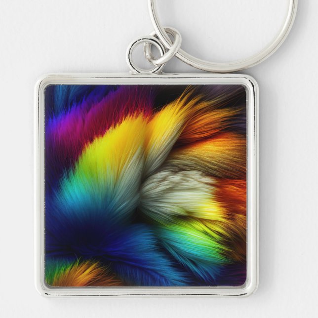 Multifärgad Feathers Fyrkantig Silverfärgad Nyckelring (Framsidan)