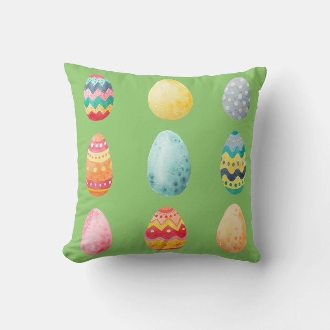 Multifärgad för Grönt av vattenfärgsfärgat Påskägg Kudde (Framsida)