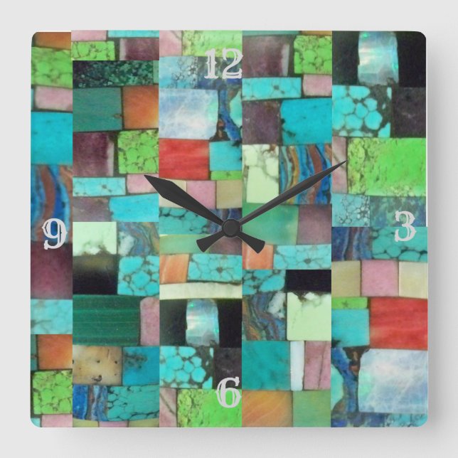 Multifärgad Gemstone Mosaic look Clock Turcos Fyrkantig Klocka (Framsida)