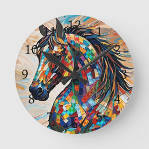 Multifärgad Glass Mosaic Horse 15 Rund Klocka
