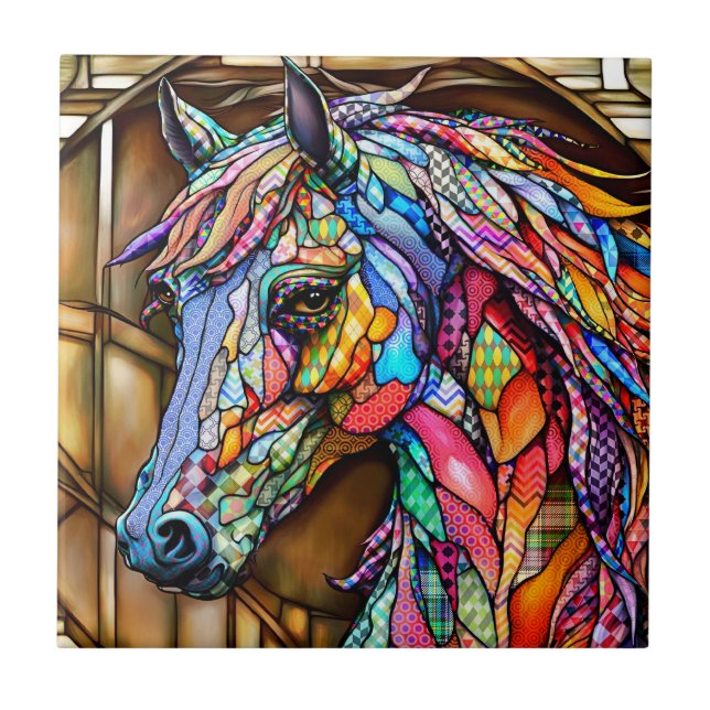 Multifärgad Glass Mosaic Stil Horse 14 Kakelplatta (Framsidan)
