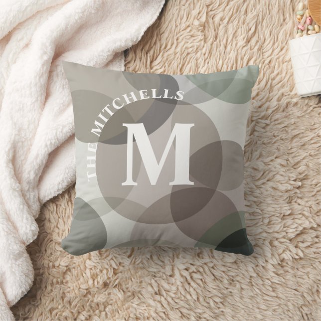 Multifärgad Grått Abstrakt Circles Family Monogram Kudde (Filt)