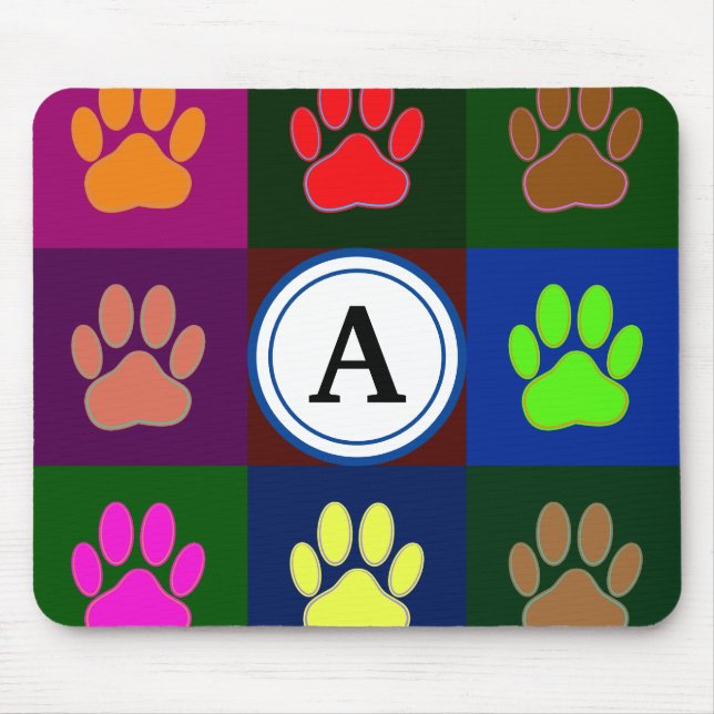 Multifärgad Hund Paw-utskrift Mönster med monogram Musmatta (Framsidan)