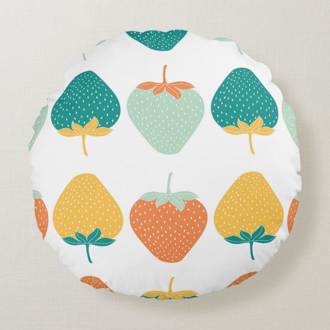 Multifärgad Jordgubbar: Vintage Fruit Mönster. Rund Kudde (Framsidan)