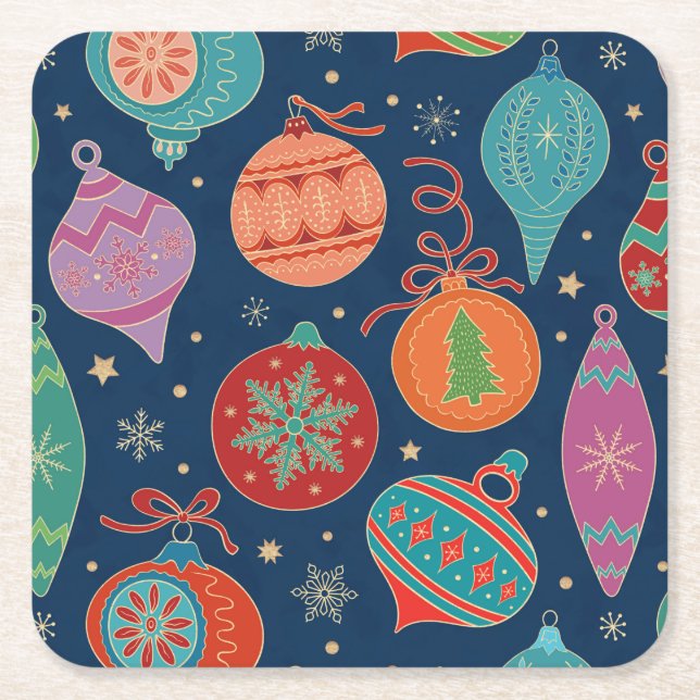 Multifärgad Julgran Dekorationen Mönster vid Guld Underlägg Papper Kvadrat (Framsidan)