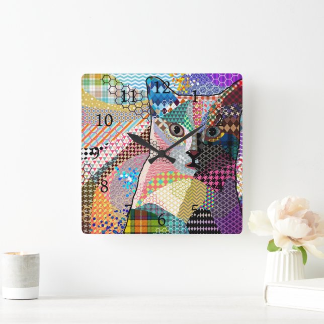 Multifärgad Katt 676 Mönster Fyrkantig Klocka (Hem)