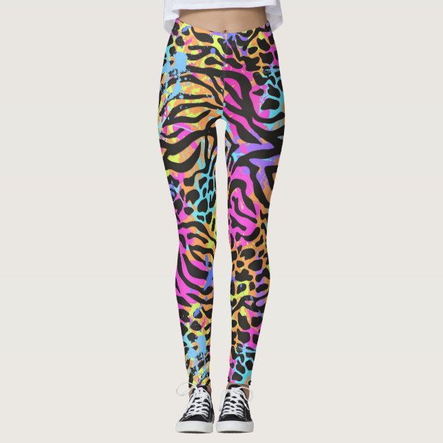 Multifärgad Neon Zebra Leopard Leggings & Yoga Pan (Framsida)