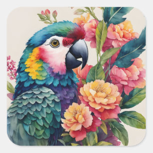 Multifärgad Parrot Blommigt Vattenfärgsbild Fyrkantigt Klistermärke