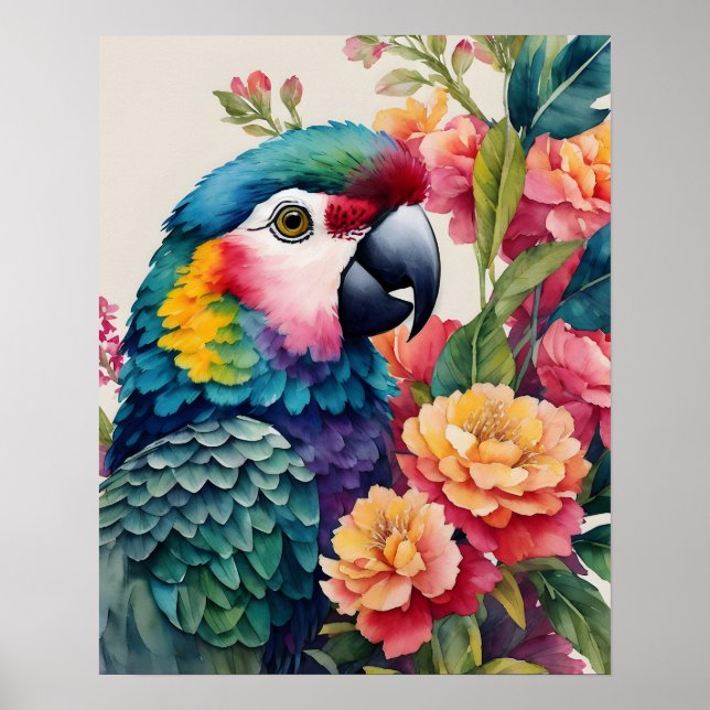 Multifärgad Parrot Blommigt Vattenfärgsbild Poster (Framsidan)