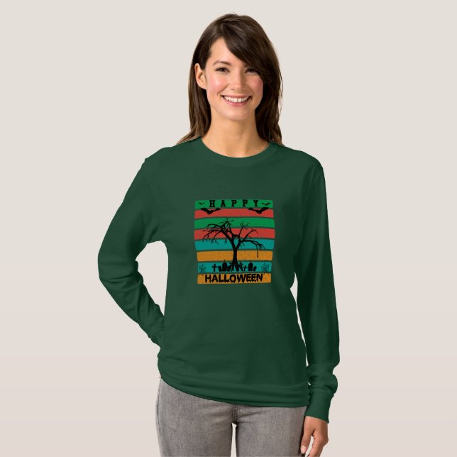 Multifärgad Rand kyrkogård med Fladdermus och Träd T Shirt (Hel framsida)