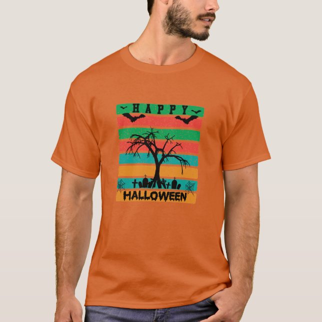 Multifärgad Rand kyrkogård med Fladdermus och Träd T Shirt (Framsida)