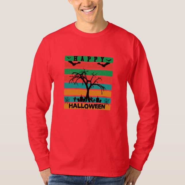 Multifärgad Rand kyrkogård med Fladdermus och Träd T Shirt (Framsida)