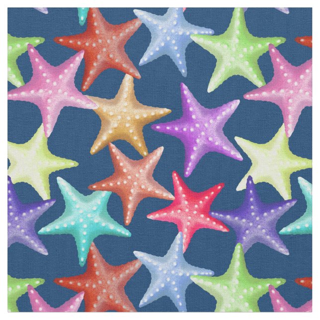 Multifärgad Starfish Nautical Summer Beach on Blue Tyg (Närbild)