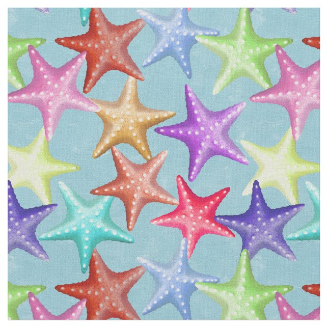 Multifärgad Starfish Nautical Summer Beach on Blue Tyg (Närbild)