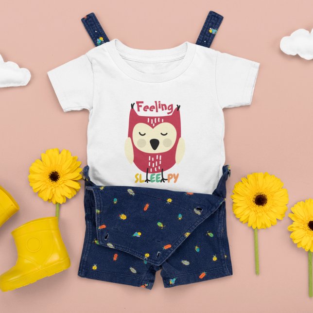 Multifärgad Tecknad Uggla T-Shirt (funny tired owl feel better sleepy.)