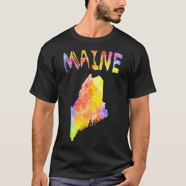 Multifärgad Watercolor Maine State Karta Digital A T Shirt (Framsida)
