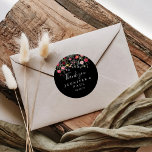 Multifärgad Wildbloms Tack Wedding Favor Runt Klistermärke<br><div class="desc">Den här multifärgaden är ett tack för ditt bröllop... -... ... för en perfekt för ett rustiskt bröllop. Utformningen har ett flerfärgat sortiment av blommor av rosa, , lila, gult, vitt, violett, rött, burgudisk vild i svart bakgrund. Gör etiketten egen genom att inkludera namn, händelsen (om tillämpligt) och datum. De...</div>