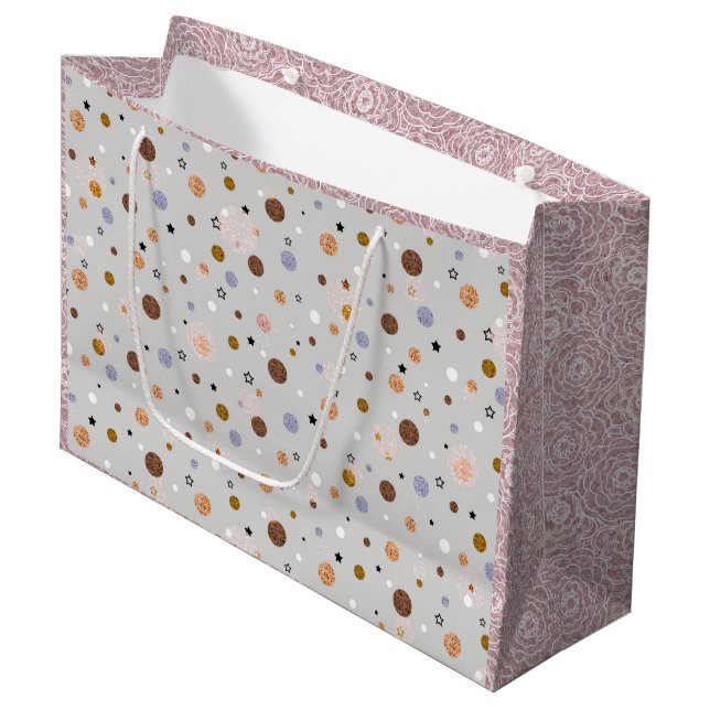 Multifärgat polka dots på grått. stor presentväska (Framsidan Vinklad)